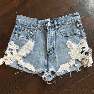 Blue and White Distressed Jean Shorts with Lace Hem